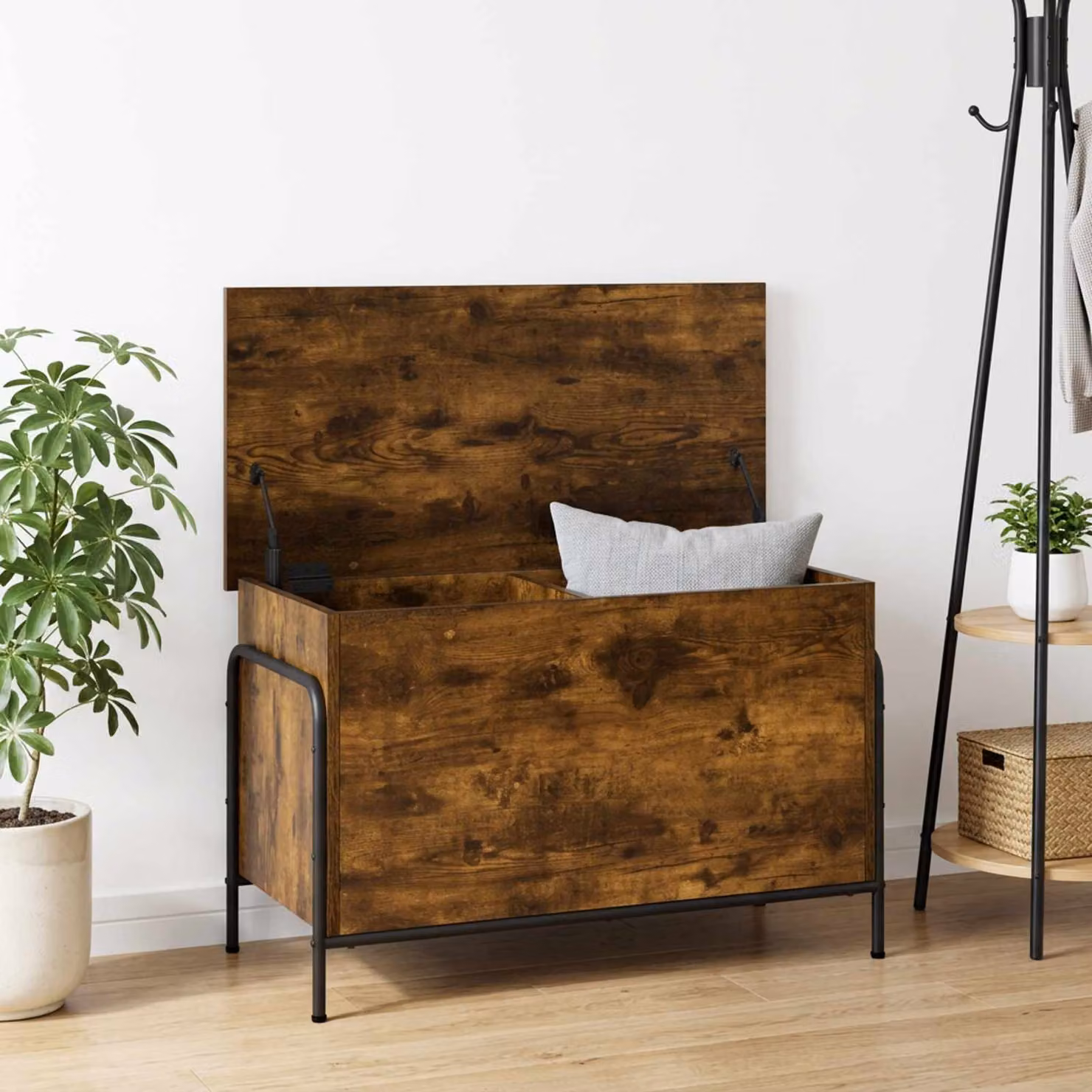 Scatola di stoccaggio moderna vidaXL in legno e metallo, colore rovere fumo, L 80 cm x P 40 cm x H 49,5 cm