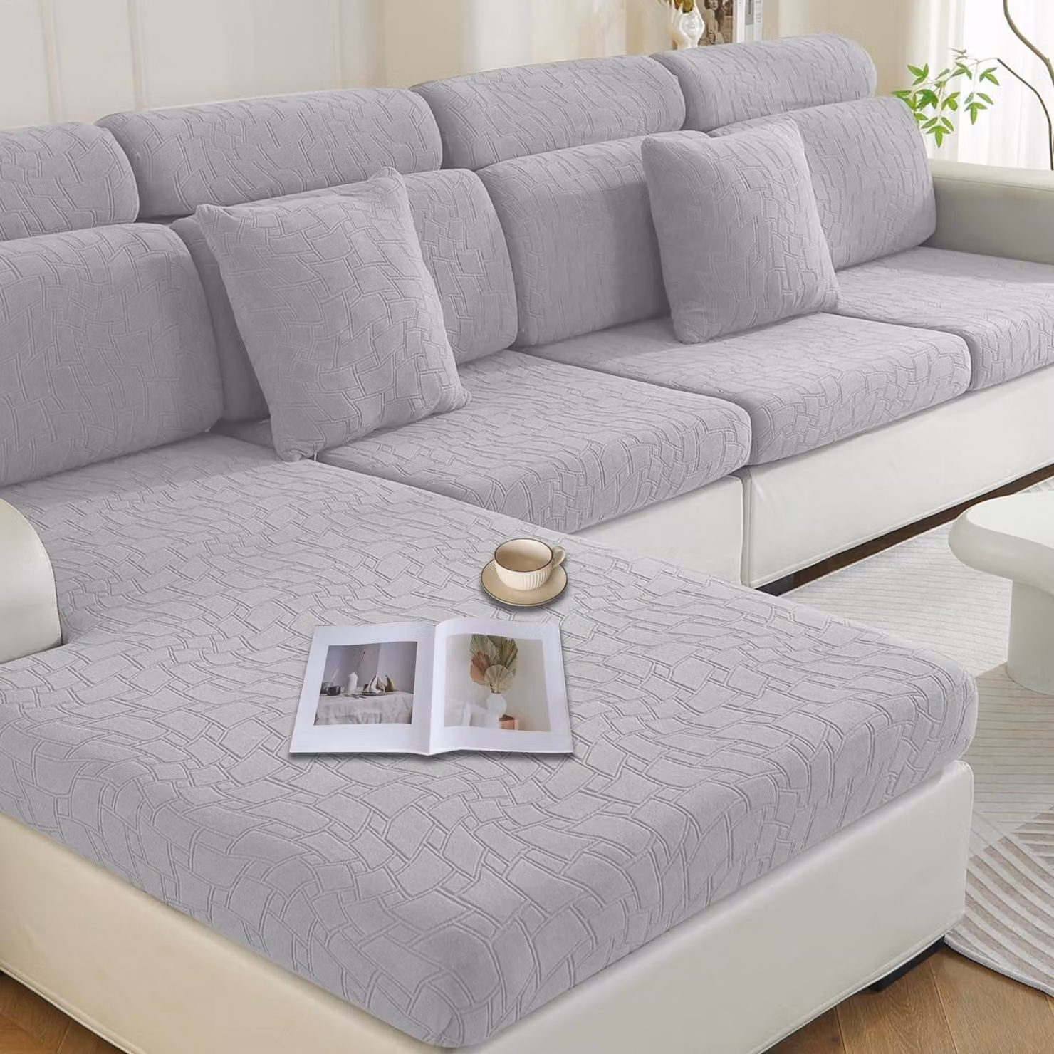 Copertura per cuscino da seduta, fodera elasticizzata per chaise longue, color argento-grigio, motivo geometrico, lavabile