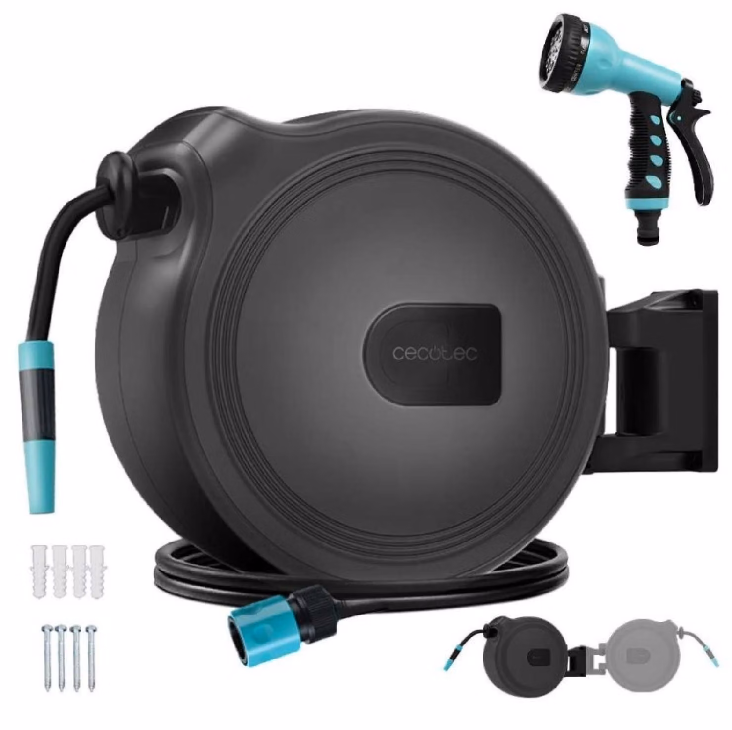 Avvolgitubo da 20 m. Tecnologia SlowReturn. Design portatile ed ergonomico. Include ugello semplice e pistola a spruzzo con 8 funzioni. Attacco universale 3 in 1.