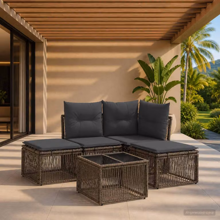 Set Divano da Giardino vidaXL 5 pz a Forma a L Grigio con Tavolino e Ottoman in Polyrattan e Acciaio