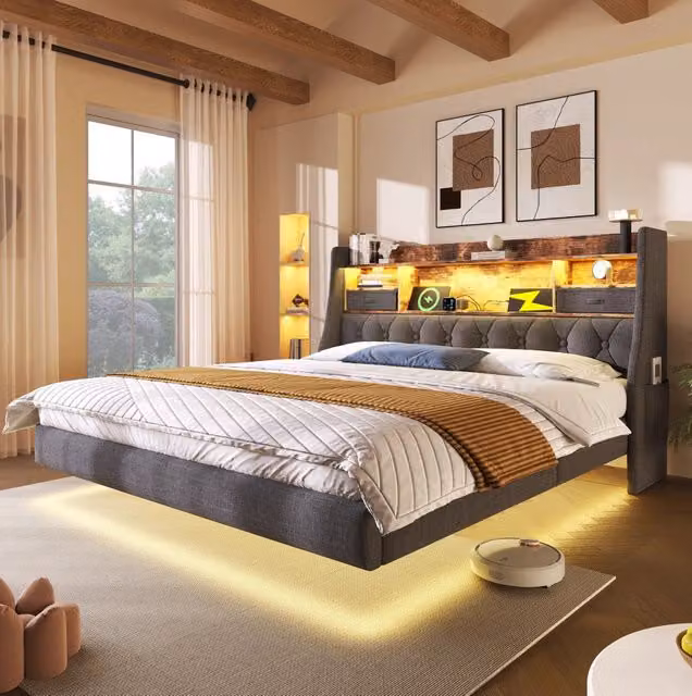 Letto matrimoniale 180x200 cm con LED; testiera contenitore; USB e Type-C; lino grigio