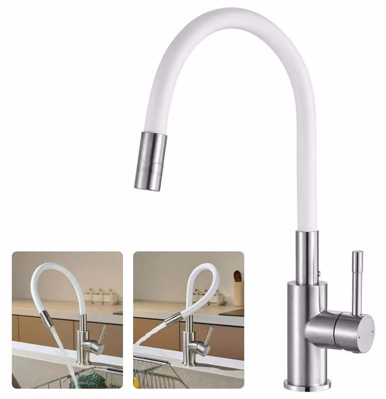 Miscelatore da cucina bianco con 2 tipi di getto, flessibile, in acciaio inossidabile 304,  DVGW