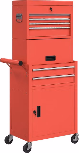 Carrello Porta Attrezzi HOMCOM in Acciaio con Serratura, 6 Cassetti, 2 Armadi, Pannello Forato, Ruote e Maniglia, Rosso – 1