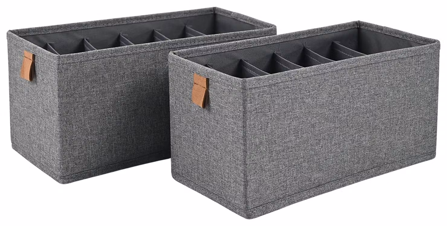 Set da 2 contenitori pieghevoli in tessuto Hausleben con 6 scomparti – Dimensioni: 30x15x15 cm – Organizer per biancheria intima, calze, cinture – Aspetto simile al lino, colore grigio – Contenitore robusto
