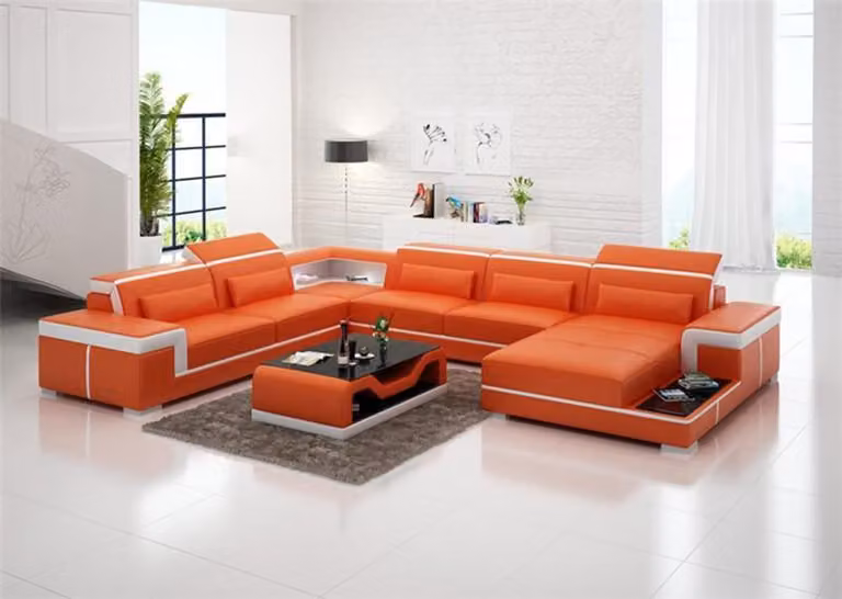 Sofa Couch Polster Garnitur Wohnlandschaft Design Ecksofa Leder Orange U-Form