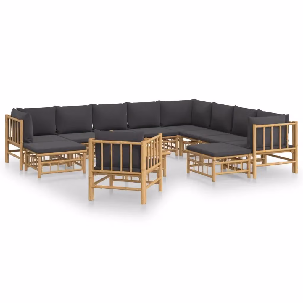 Set Salotto da Giardino vidaXL in Bambu con Cuscini Grigio Scuro 12 Pezzi – 2