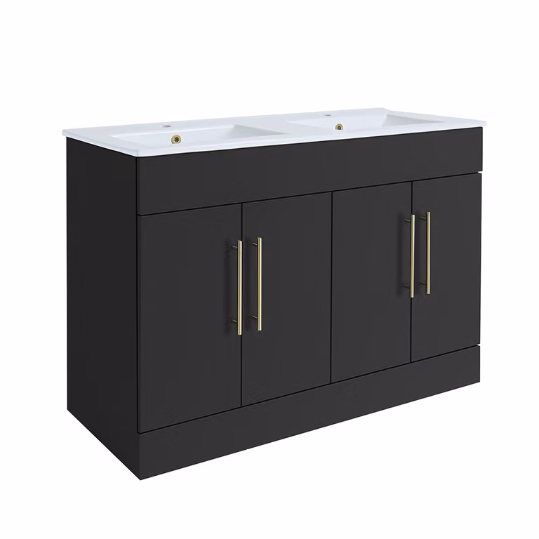 Mobile Bagno a Terra Grigio Nero da 1210mm con Doppio Lavabo e Maniglie con Barra a T in Oro Satinato - Cluo