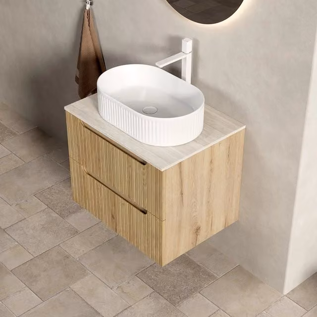 Mobile sottolavabo sospeso con lavabo in ceramica e 2 cassetti a chiusura ammortizzata piano in pietra sinterizzata 60 cm