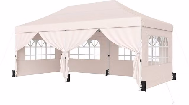 Gazebo da giardino esterno con 6 pareti rimovibili, Gazebo da esterno pieghevole altezza regolabile Beige