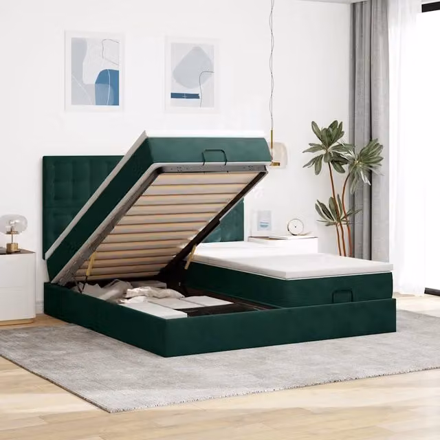 Letto con contenitore a sollevamento vidaXL in velluto verde e bianco L: 180 cm, P: 200 cm, H: 203 cm