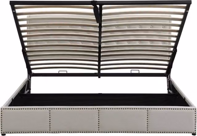 Letto imbottito in cotone-lino con box contenitore e pistone idraulico, 140 x 200 cm, senza materasso