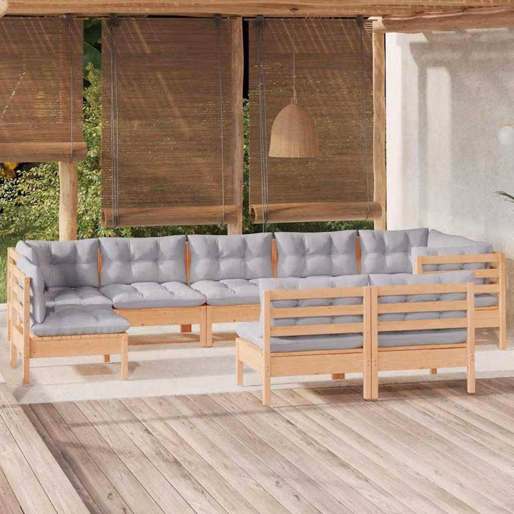 vidaXL Set Divani da Giardino 9 pz in Legno di Pino con Cuscini Grigi a Forma di L