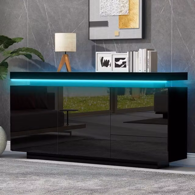 Sideboard Moderno Nero Lucido 140x35x72,5 cm, 2 Ante e 3 Cassetti, con Luci LED, Senza Maniglie