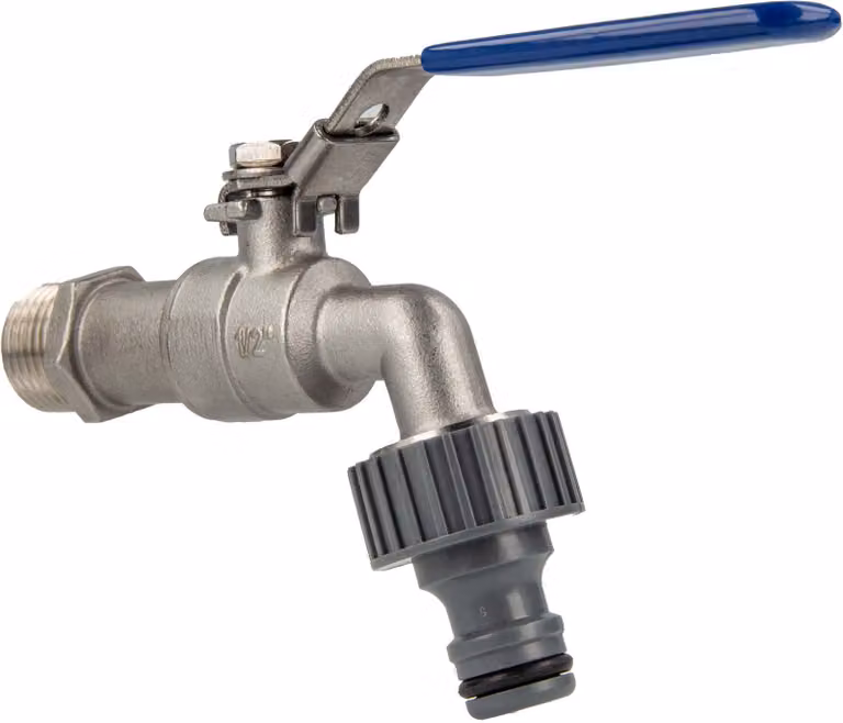 Valvola a sfera in acciaio inossidabile da 1/2 pollice con raccordo a innesto corrispondente, nastro in teflon e leva in acciaio blu - chiudibile a chiave, V4A (316)