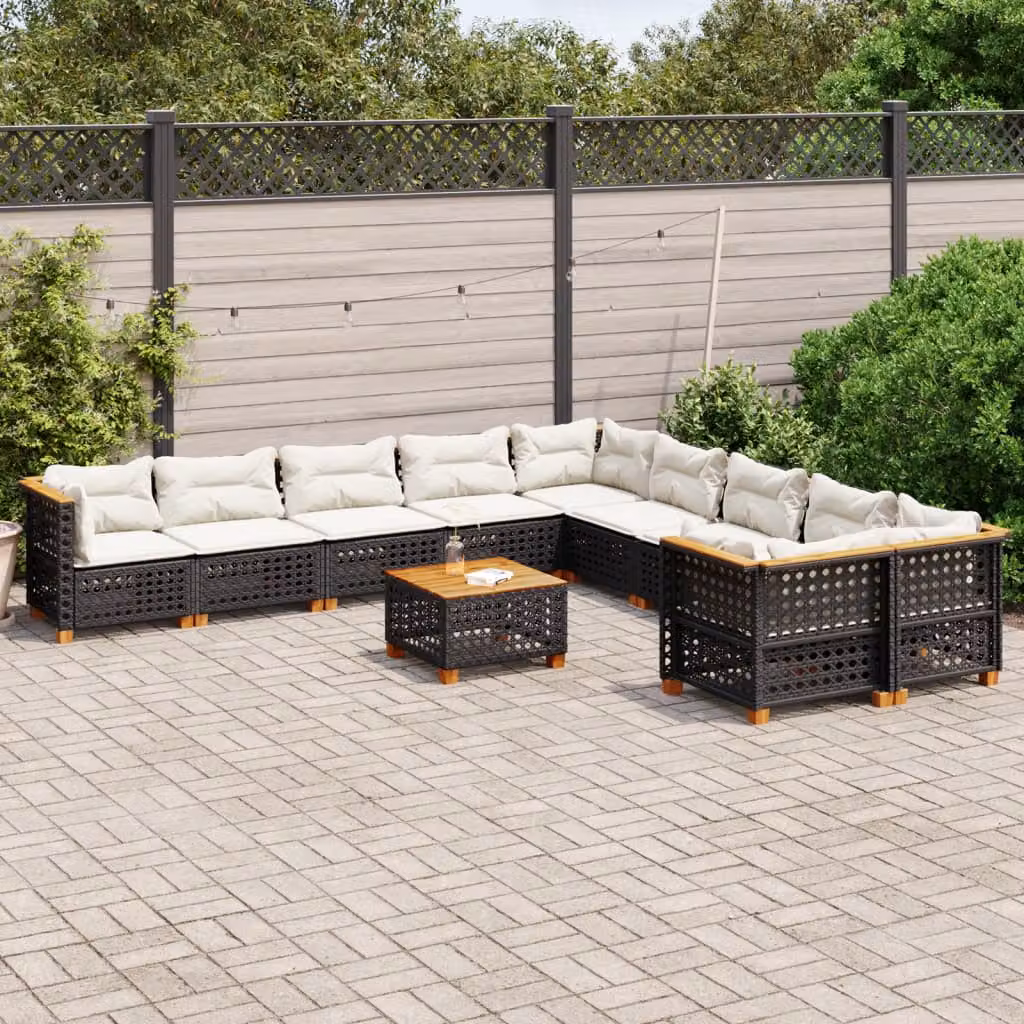 vidaXL Set Divani da Giardino 11 pz in Polyrattan Nero con Cuscini e Tavolino da Esterno – 1