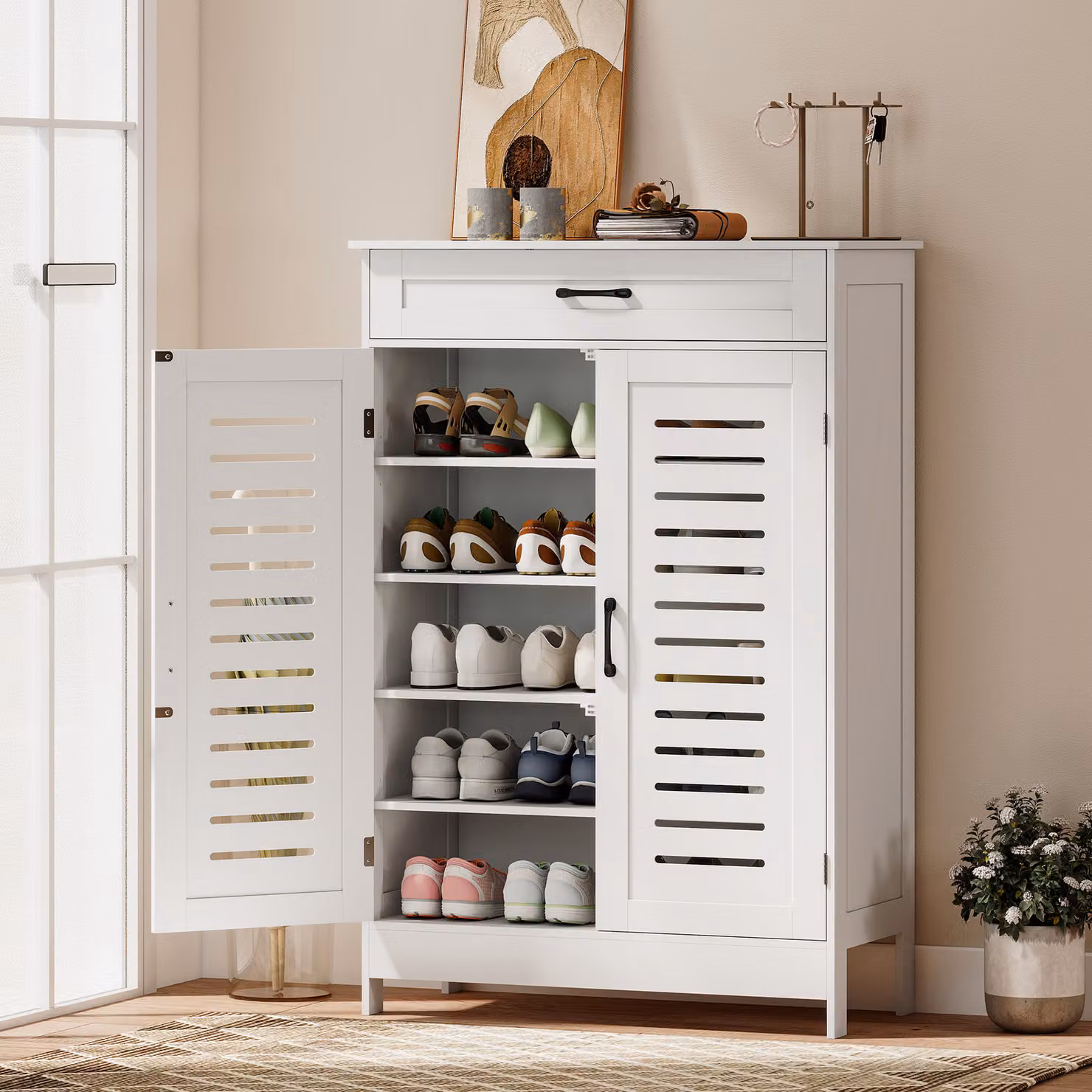 Scarpiera salvaspazio HOMCOM con 2 ante a persiana e 5 livelli con ripiani regolabili, ideale per 20 paia di scarpe, colore bianco, L: 78 cm, P: 37 cm, H: 115.8 cm – 2