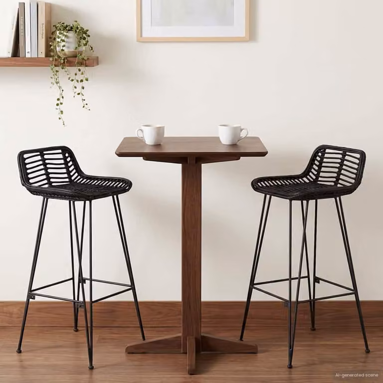 Set di 2 sgabelli da bar vidaXL in rattan e metallo nero, L/P/H: 44 x 46 x 91 cm