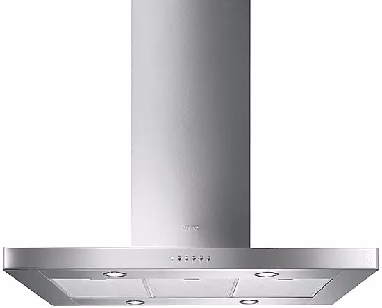 Cappa da parete Smeg KI90XE in acciaio inox color argento con filtro a carboni attivi e timer