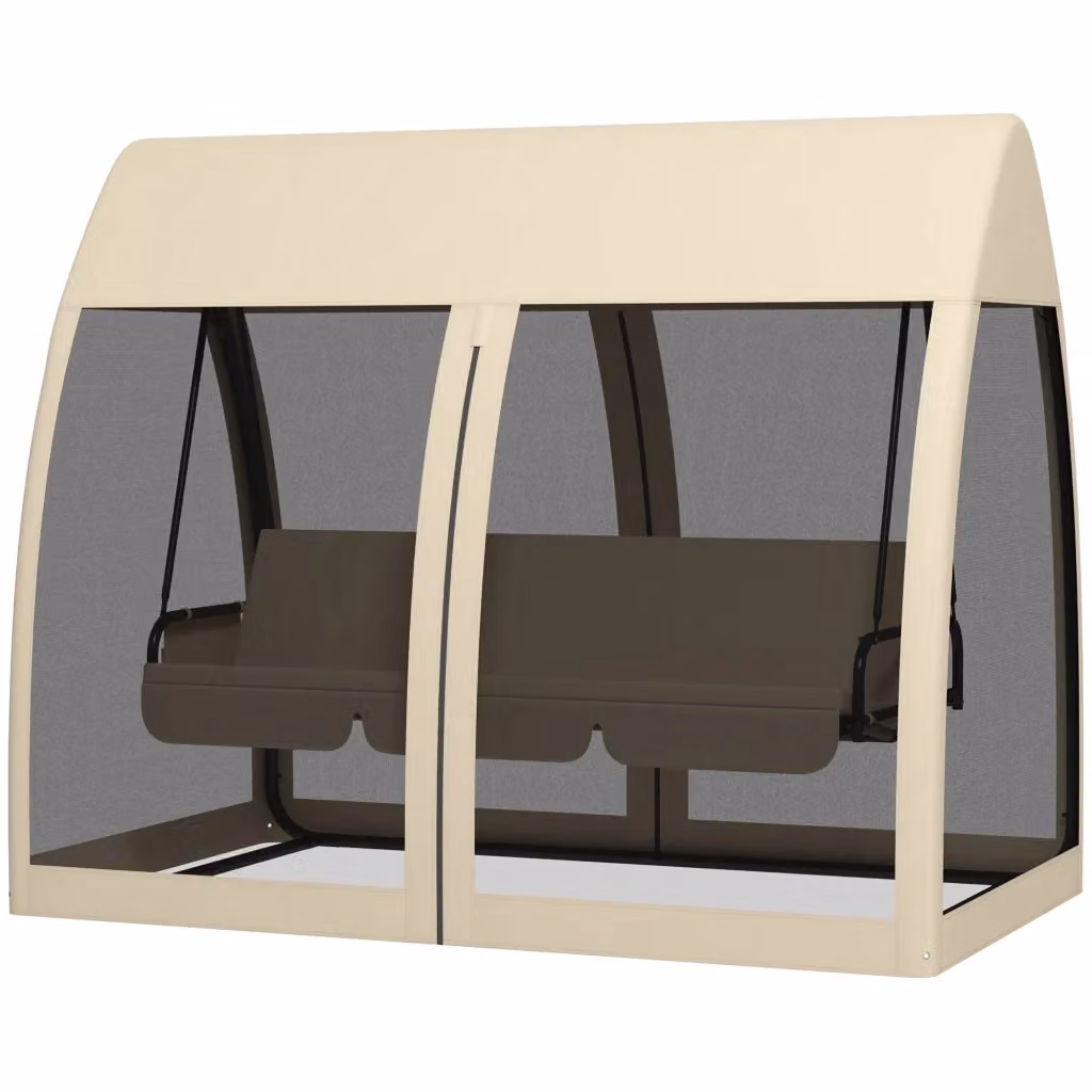 Dondolo da giardino XYLO 3 posti con funzione letto, struttura in acciaio verniciato, tenda parasole e cuscini inclusi, marrone e beige – 2