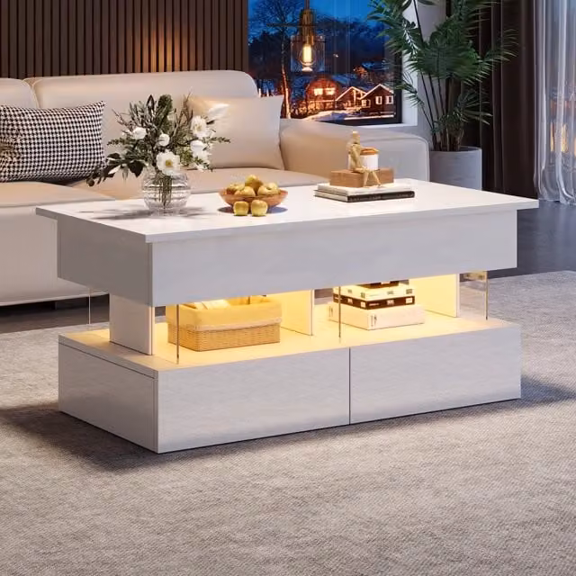 Tavolino basso alzabile MIVRAY bianco con piano in vetro, 2 cassetti, vano nascosto e LED Bluetooth L: 100 cm, P: 50 cm, H: 46 cm