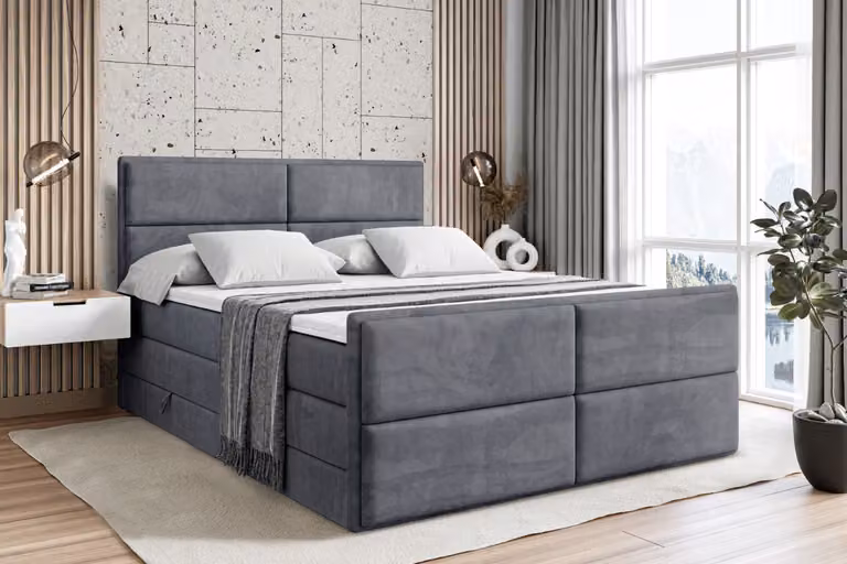 Letto boxspring ALTDECOR con pediera, 2 materassi e topper - 200x200 cm - AURA-Z KING - Velluto grigio scuro - Letto imbottito con materassi H3 e H4, contenitore e rete a doghe, letto con contenitore