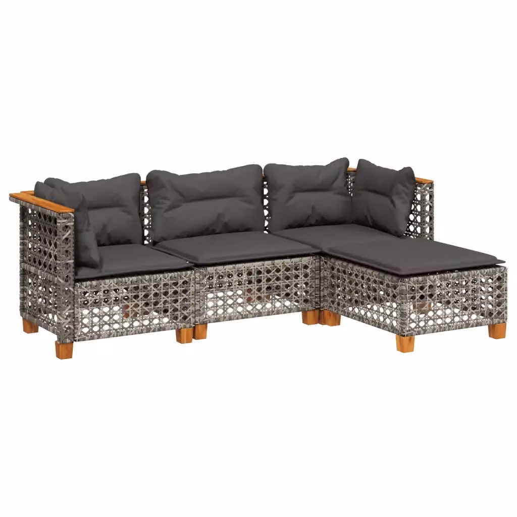 vidaXL Set Divani da Giardino 4 pz in Polyrattan Grigio con Cuscini e Struttura in Legno di Acacia – 2