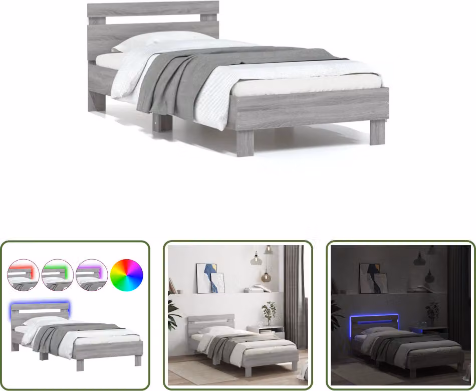The Living Store Struttura letto con testiera e luci LED Grigio Sonoma 75x190 cm