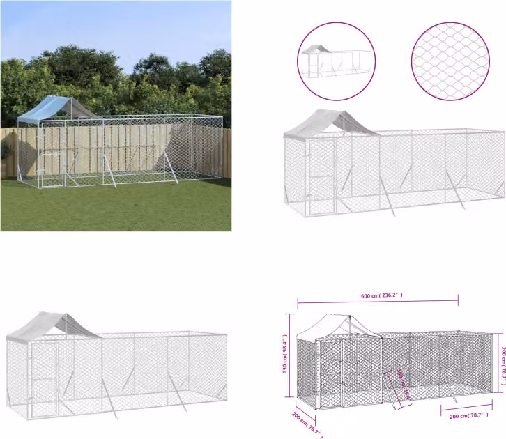 vidaXL Cuccia per cani da esterno con tetto argento 6x2x2,5 m Acciaio zincato - Cuccia per cani da esterno - Cuccia per cani da esterno - Cuccia per cani - Gabbia per cani