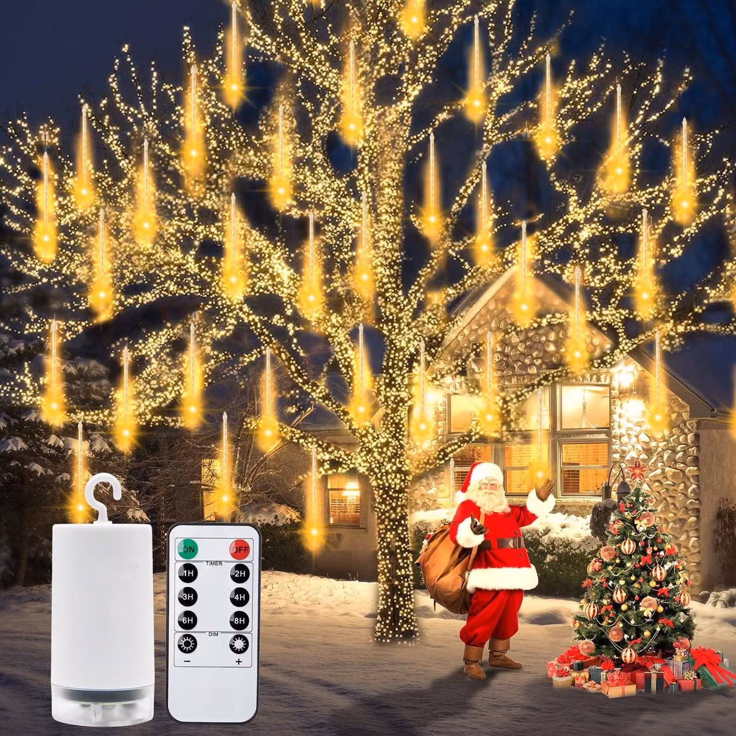 Catena luminosa a forma di pioggia di meteoriti, 192 LED, 30 cm, alimentata a batteria, con timer