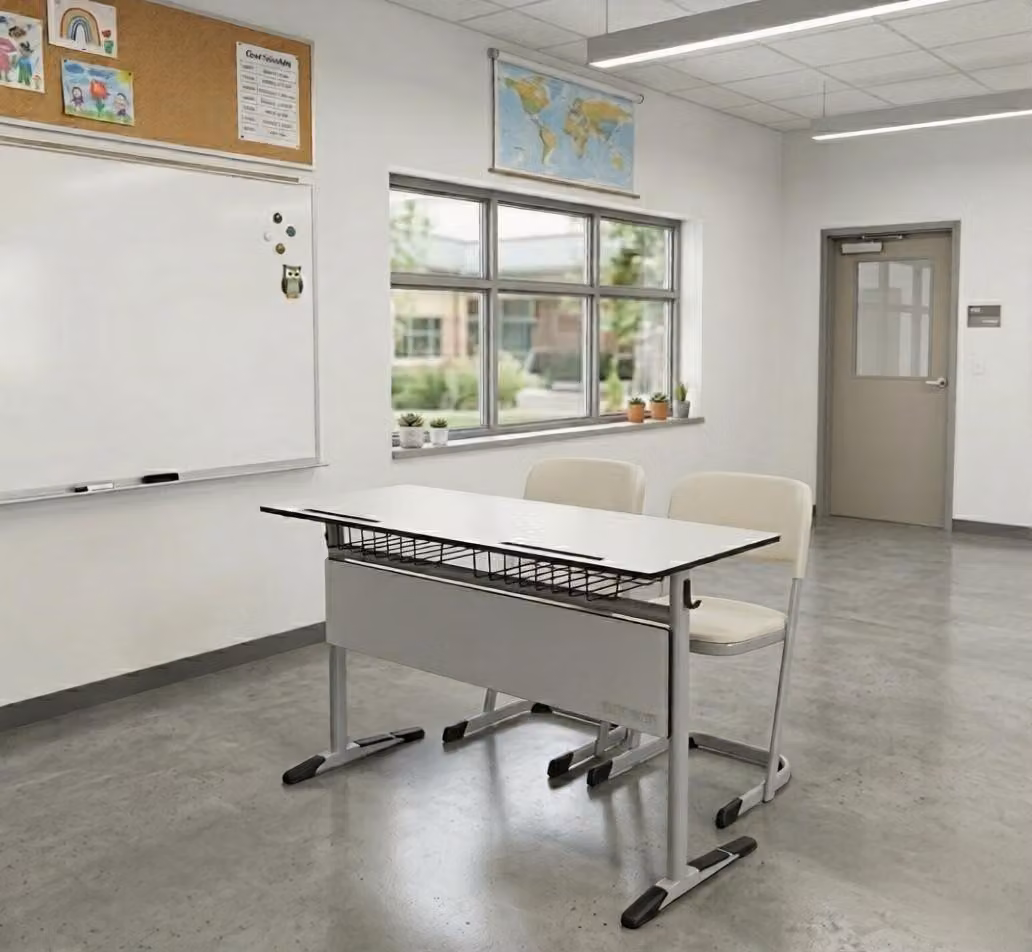 Set scolastico moderno ed ergonomico, grigio; banco bianco, sedia a due posti