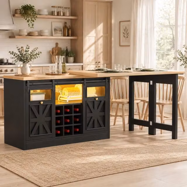 Mobile cucina multifunzione con tavolo estraibile e piani girevoli 120-197x40x72 cm nero