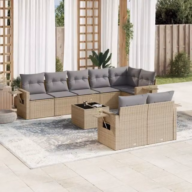 Set Divano da Giardino 9 pz con Cuscini Beige in Polyrattan 3252766