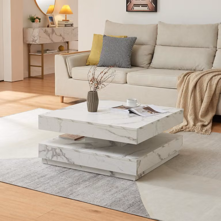 Tavolino da salotto 'Florenz' quadrato 76 x 76 x 38 cm piano girevole effetto marmo, bianco