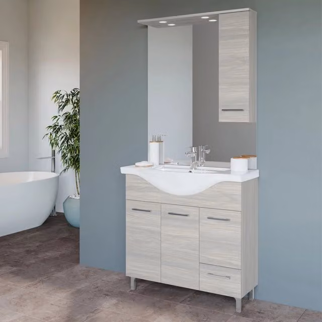 Mobile Bagno Composizione con Lavabo Lampada Led Rovere Grigio Venere Savinidue