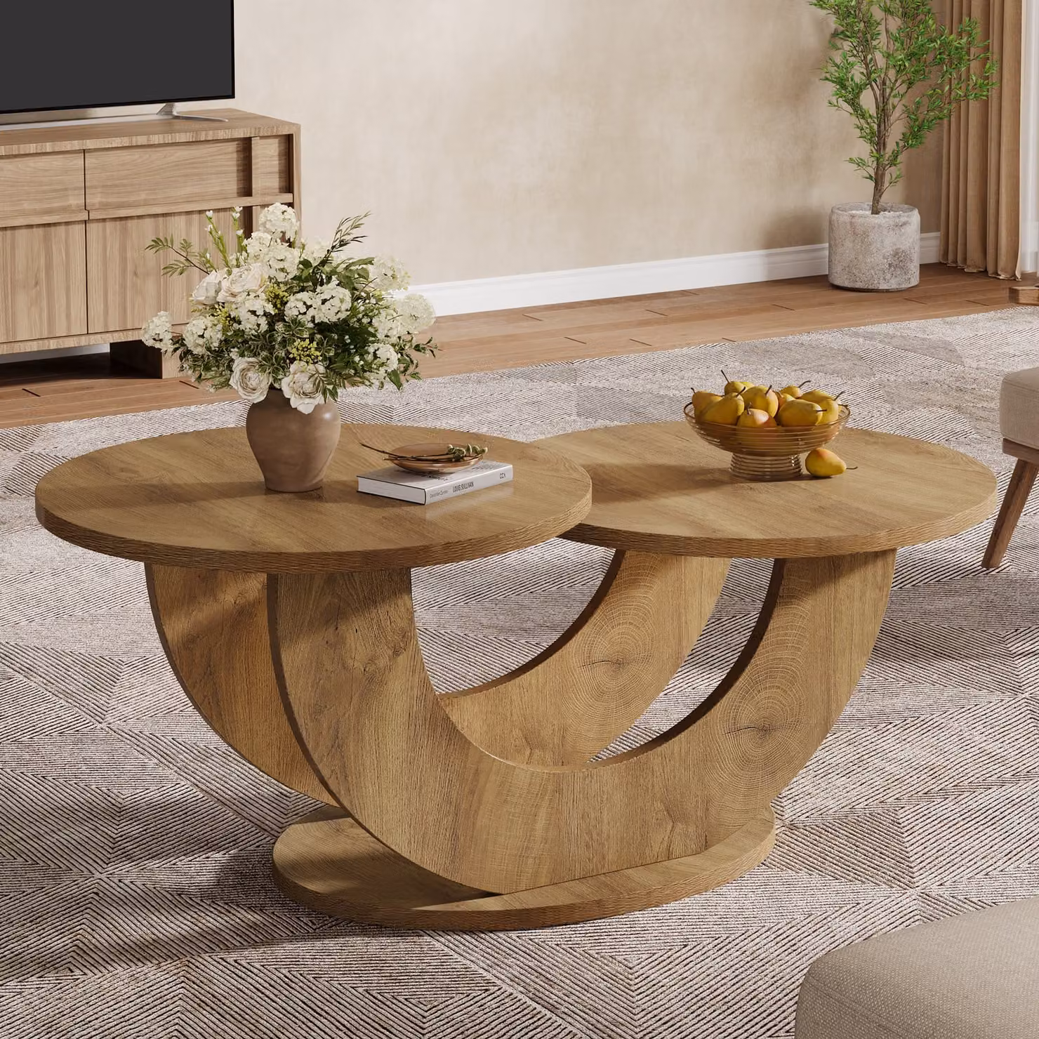 Tavolino da caffè rotondo Tribesigns, tavolino da caffè a 2 livelli con struttura a U, tavolino moderno da centrotavola, tavolino da divano per soggiorno, ufficio, natura