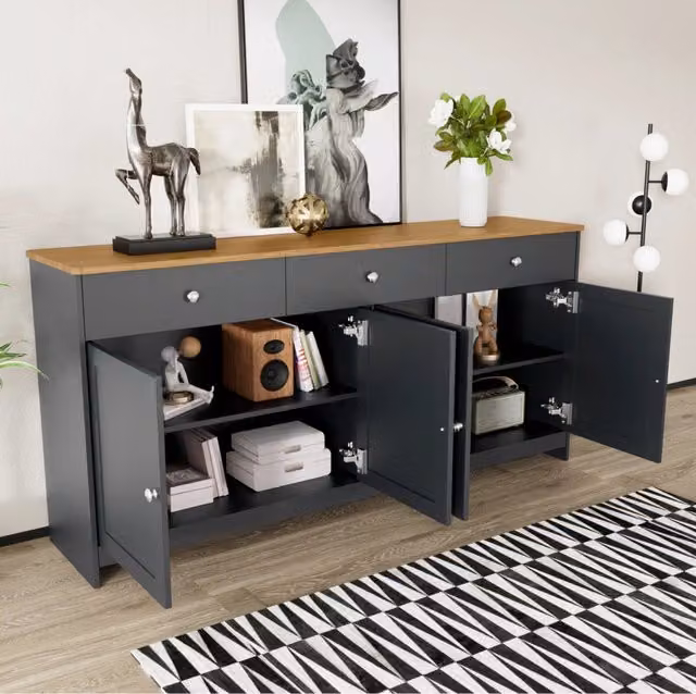 Credenza rustica da 160 cm con 3 cassetti; 4 ante e ripiani regolabili; nero grigio e legno
