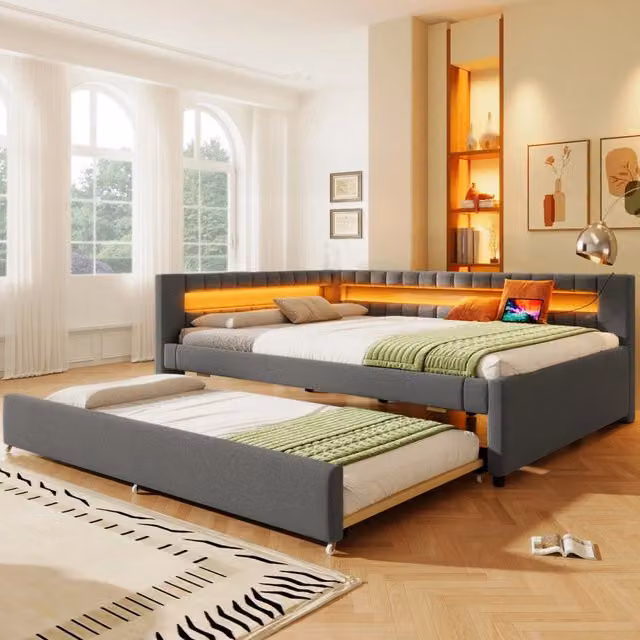 Daybed moderno con letto estraibile e cassetti, rivestimento in tessuto grigio, illuminazione LED e porta USB-C, L/P: 140 x 200 cm