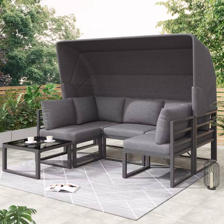 Set da giardino MODFU 4 pezzi, divano, pouf e tavolo con tenda, grigio