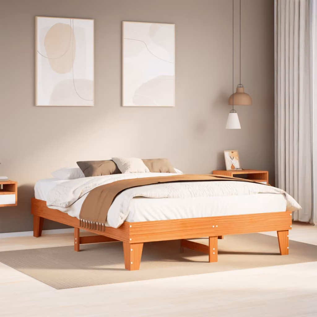 Letto in legno di pino vidaXL color marrone cera con telaio a doghe, L/P/H: 150 x 200 x 153,5 cm