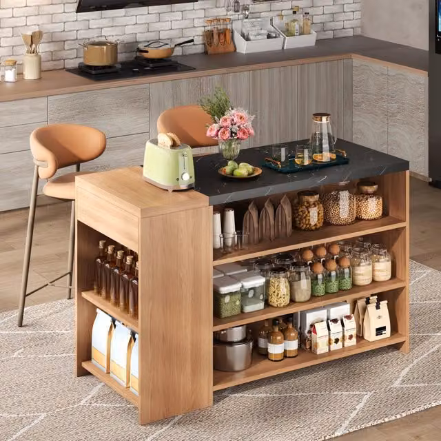 Carrello da cucina con 3 ripiani aperti e 1 cassetto nascosto, per cucina e sala da pranzo, MDF nero e rovere, 140 × 60 × 90 cm