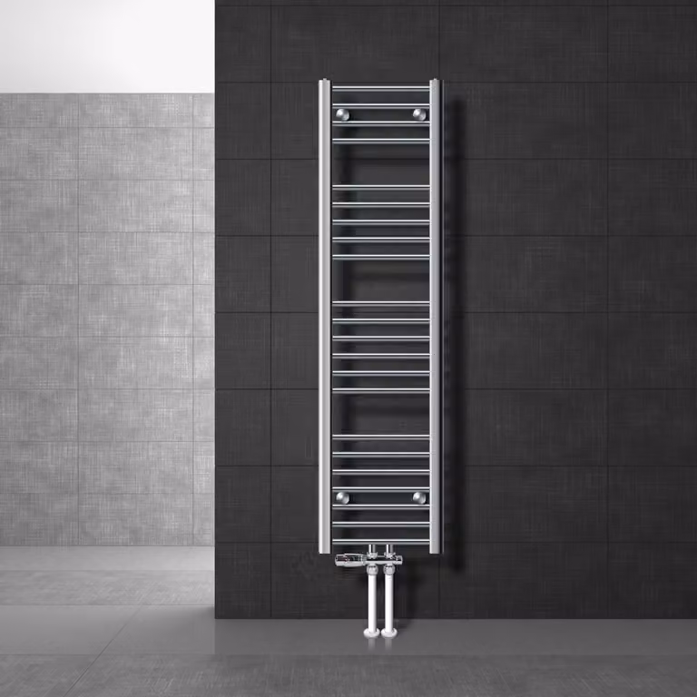 LuxeBath Radiatore da bagno attacco centrale 300 x 1400 mm cromato diritto con termostato e set di collegamento Radiatore da pavimento cromato Passage, senza elemento riscaldante