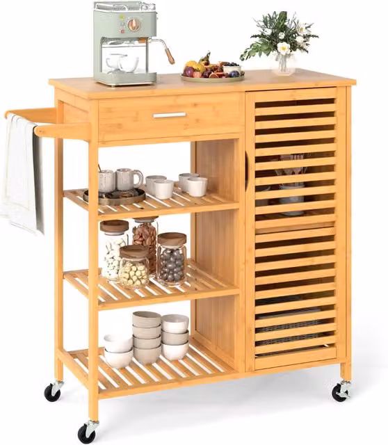 Carrello isola cucina in bambù con cassetto e 3 ripiani aperti, tavolo mobile in legno naturale stile scandinavo con ruote per cucina e sala da pranzo – 1