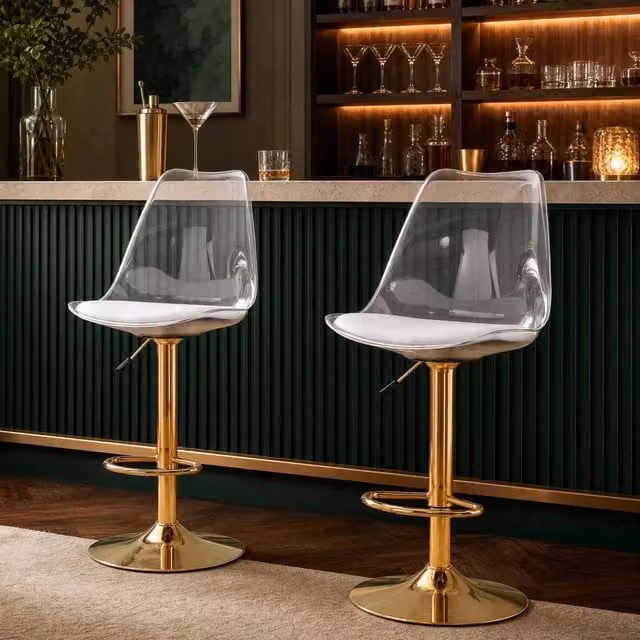 Set di 2 sgabelli da bar trasparenti con seduta in PU bianca e struttura in metallo color oro