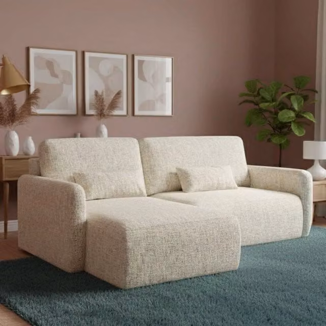 Pagno Divano Letto a L con Penisola Contenitore, Rivestimento in Tessuto Beige Chiaro, L/P/H: 207 x 148 cm