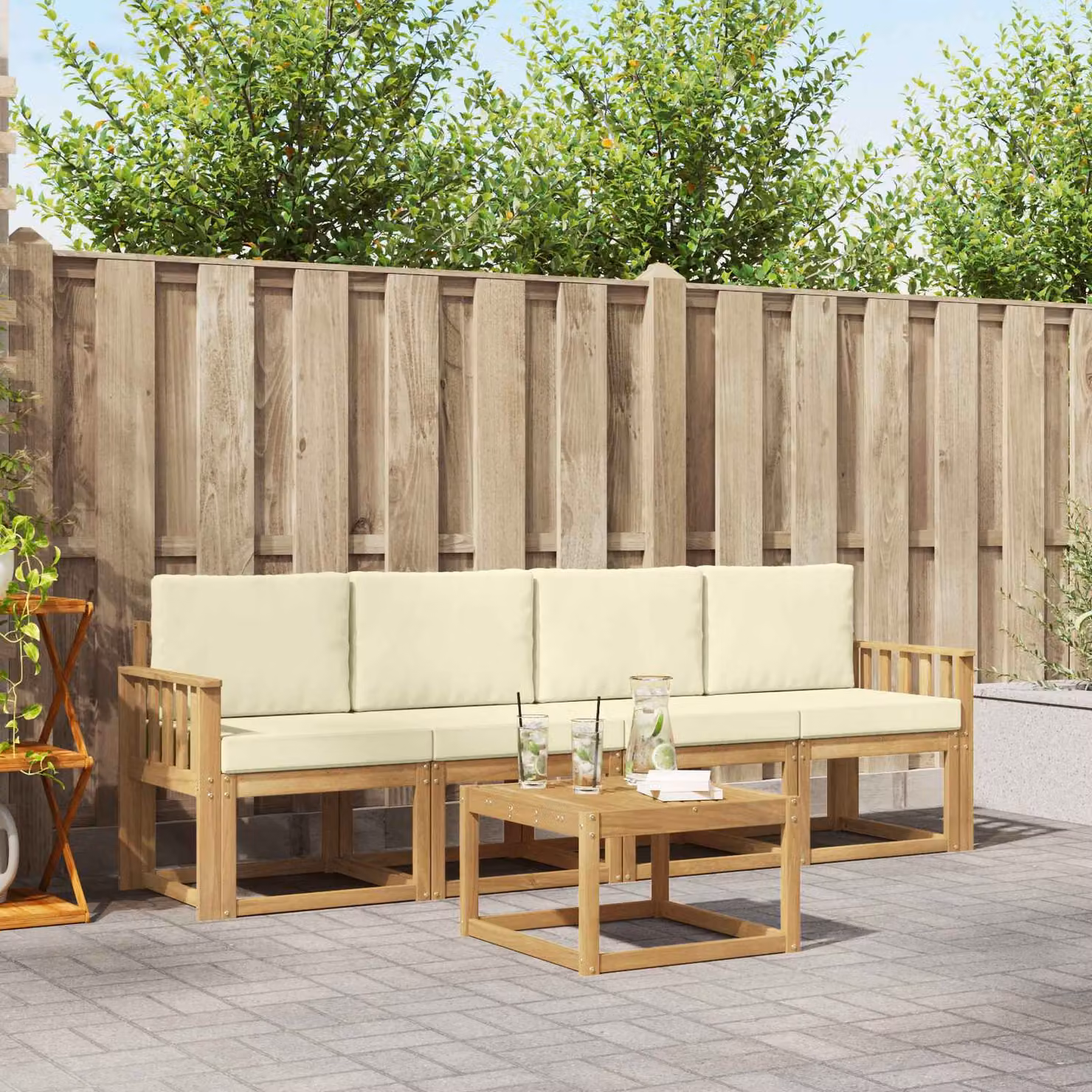 Set di divani da esterno vidaXL in legno di acacia con cuscini, colore bianco e beige