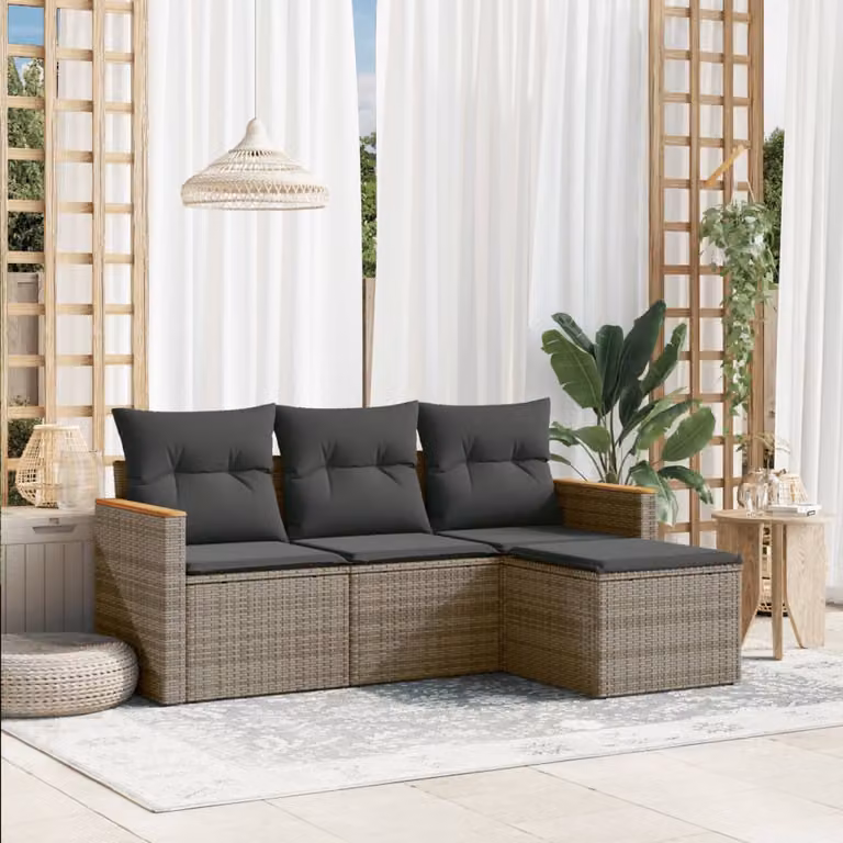 vidaXL Set Divani da Giardino 4 pz in Polyrattan Grigio con Cuscini e Ottoman