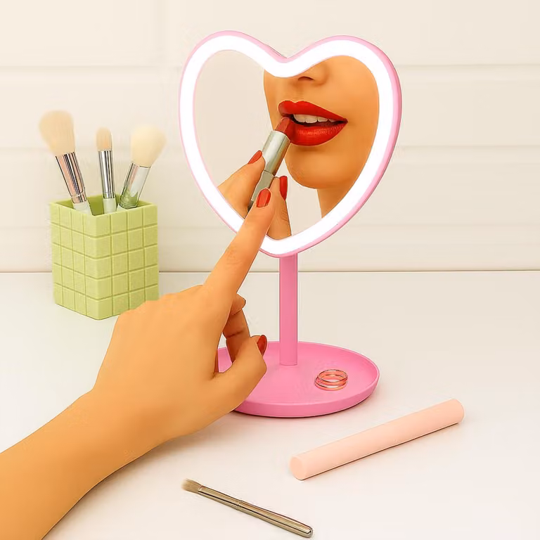 Specchio da trucco a LED a forma di cuore, pieghevole, 14x15,3 cm, color fucsia