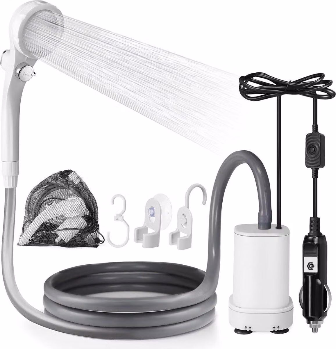 Kit di pulizia per docce da esterno, 12V/24V, con pompa, alimentazione tramite presa auto, portatile