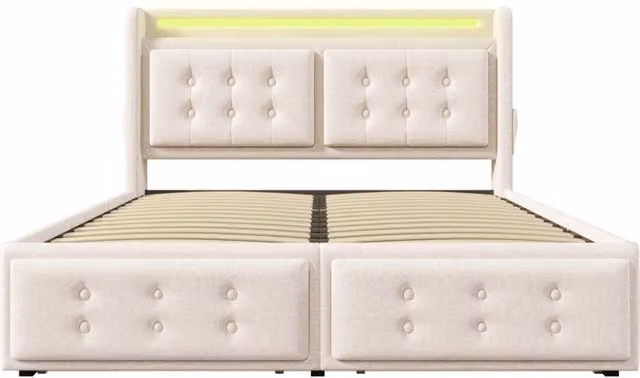 Letto imbottito 140x200 cm con testiera in pelle, 4 cassetti contenitori, rete a doghe in legno e struttura metallica, colore beige, portata 300 kg