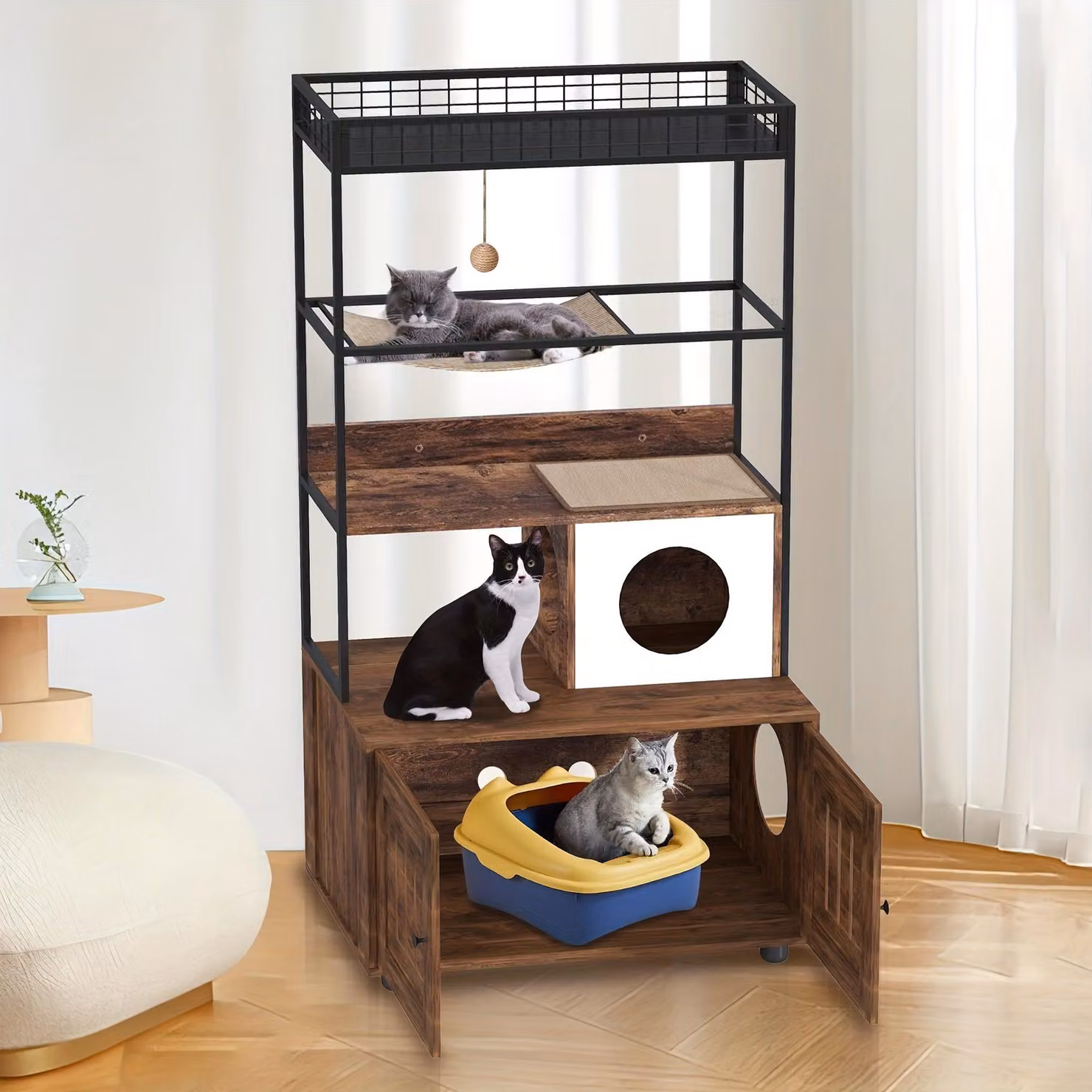 Mobiletto per lettiera - Con ripiano portaoggetti e amaca - Realizzato in legno e ferro - Cuccia per gatti - Colore marrone